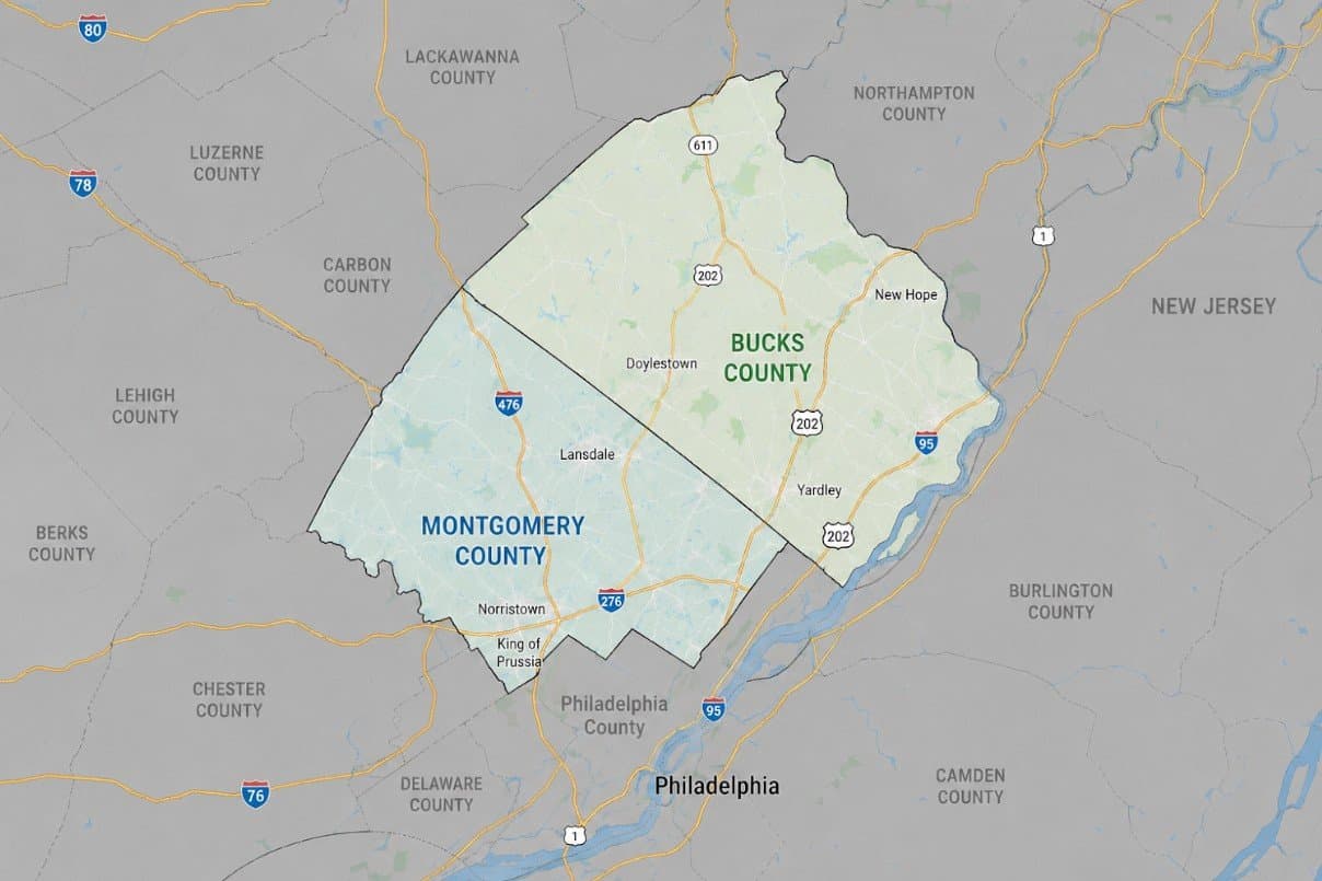 Service area map highlighting Bucks County and Montgomery County, PA