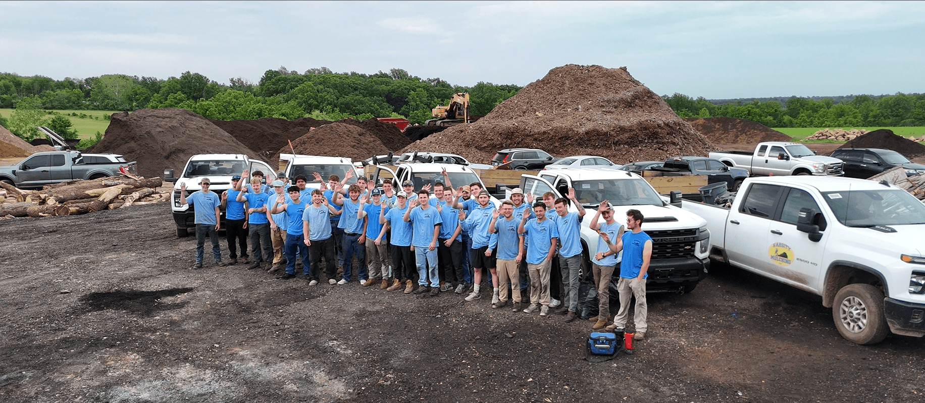 Aerial drone view of the Varsity Mulching team